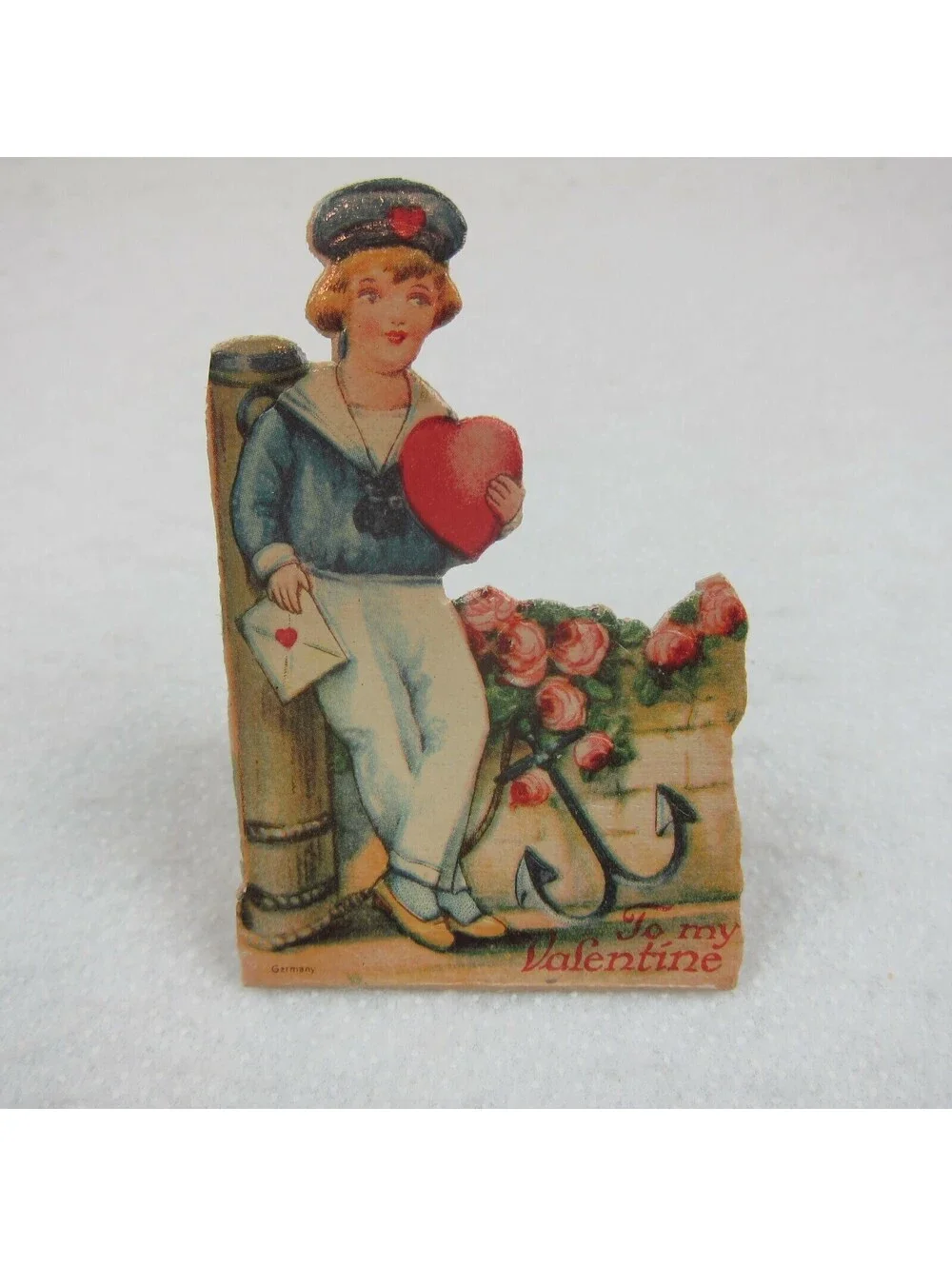 Vintage Valentine Die Cut Stand Up Boy Sailor Heart Rose Bush 1920s-30s Germany